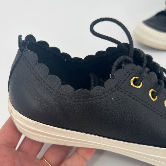 Converse Frilly Thrills Black Leather Sneakers With Scalloped Edge & Gold Eyelet - Picture 3 of 10